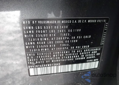 2019 Volkswagen Tiguan 2.0T Se/2.0T Sel/2.0T Sel R-Line/2.0T Sel R-Line Black z USA, uszkodzony, nr VIN 3VV2B7AX9KM013645